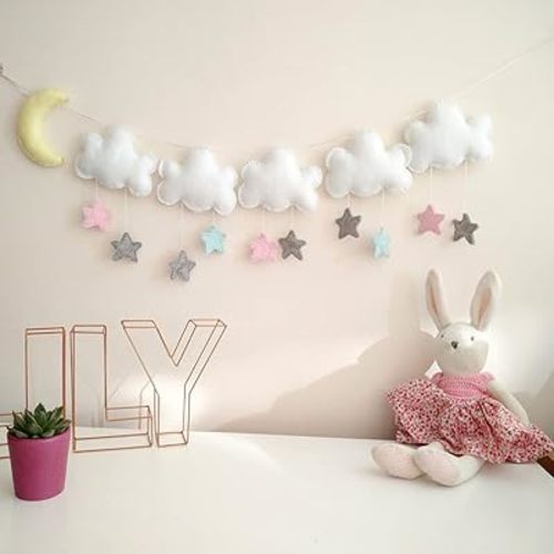 5ft Felt Cloud Star Wall Hanging Decoration (Set of 1) Clouds Stars Moon Wall Hanging Garland, Baby Shower Party Supplies, Sky Theme String Garlands for Nursery Decor