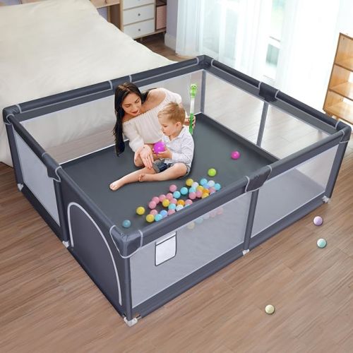 50 x 50 Inch Baby Playpen with Mat, Playpen for Babies and Toddlers, Baby Playard for Indoor & Outdoor Active Center Game Fence, with Skin-Friendly Fabric and Soft Breathable Mesh, Grey