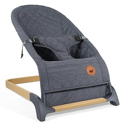 ANGELBLISS Baby Bouncer, Portable Bouncer Seat for Babies, Infants Bouncy Seat with Wood Grain Base, Natural Vibrations (Grey)