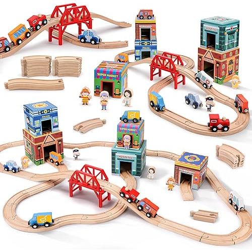 Wooden Train Set for Kids, Wood Train Tracks Complete Town Railway Playset