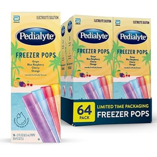 Pedialyte Electrolyte Solution Freezer Pops | Seasonal Packaging | Hydration Variety Pack—Grape, Blue Raspberry, Cherry, Orange | Pack of 64