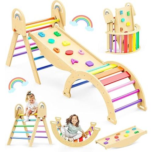 Pikler Triangle Set, 9-in-1 Montessori Climbing Toy for Toddlers, Foldable Wooden Indoor Jungle Gym & Playground Climber for Learning and Motor Skills (18 Months–7 Years)