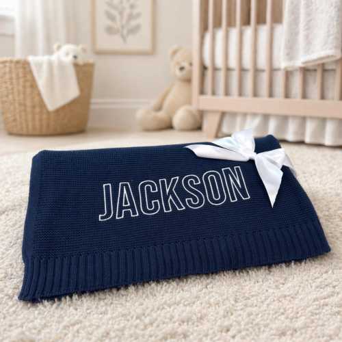 Personalized Navy Baby Blanket, Custom Name Knit Blanket, Baby Boy Gift, Straight Edge Newborn Keepsake