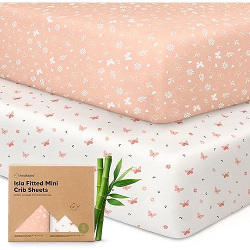 Pack and Play Sheets Fitted - 2-Pack Mini Crib Sheets for Pack N Play Mattress 38x26, Soft & Cozy, Neutral Toddler Playard Bedding, Snug Fitted Mini Baby Crib Mattress Cover Boy, Girl (Butterflies)