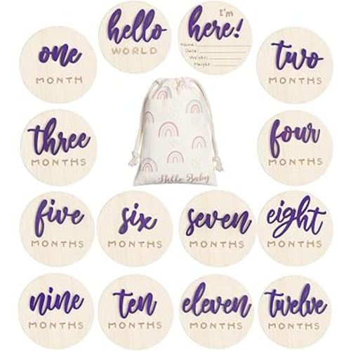 3D Baby Monthly Milestone Card Signs Baby Announcement Sign 7 Pack Double Sided Hello World Newborn Signs Wooden Circles Discs for Welcome Newborn Shower Boy Girl Photo Props(Purple)
