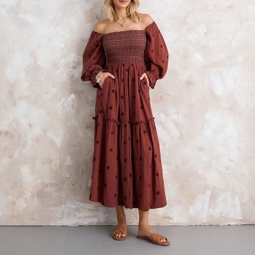 Argeousgor Women 2025 Bohemian Floral Dress Square Neck Ruffle Swing A Line Maxi Dress Long Sleeve Beach Long Dress