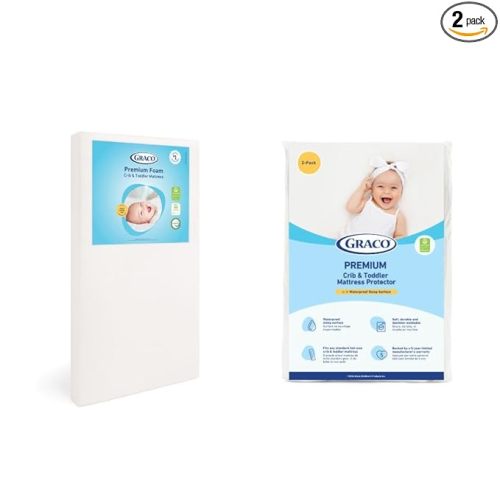 Graco Premium Crib Mattress & Protector Value Bundle (2-Pack) – Includes GREENGUARD Gold Certified Crib & Toddler Mattress, GREENGUARD Gold Certified Waterproof Protector
