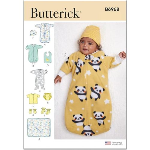 Butterick B6968A Infants' Bunting, Jumpsuit, Shirt, Diaper Cover, Hat, Bib, Mittens, Booties and Blanket Sewing Pattern Kit, Design Code B6968, Sizes XXS-XS-S-M-L