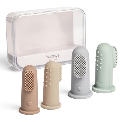 Moonkie Baby Toothbrush Finger Toothbrush Oral Cleaner Kit for 3 Months +, 4 Pcs Small (Sand/Warm Taupe)/Large (Blue/Mint)