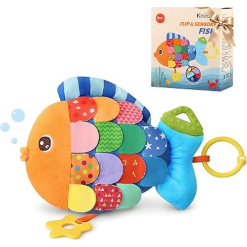 Baby Sensory Toys 0-6 6-12 Months, 8 in 1 Tummy Time Plush Flip Fish Toy