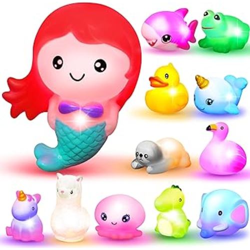 JOYIN 12 PCS Light Up Bath Toys, Toddler Flashing Colourful LED Bathtub Mermaid Toy, Baby Bathtime Floating Rubber Shower Gifts for Infant Kids Boy Girl Valentines Easter Gifts Swimming Pool Party