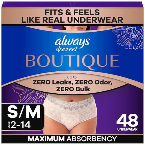 Always Discreet Boutique Incontinence and Postpartum Underwear for Women, Maximum Protection, Small/Medium, Rosy, 48 Count (4 Packs of 12)