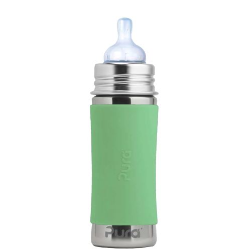 Pura Kiki 9oz/275ml Stainless Steel Infant Bottle w/Sleeve, Anti-Colic, Medical-Grade Silicone, Medium-Flow Nipple, for Babies 3 Months & Up (Moss)