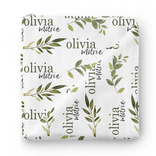 Olive Leaf Personalized Baby Name Swaddle Blanket