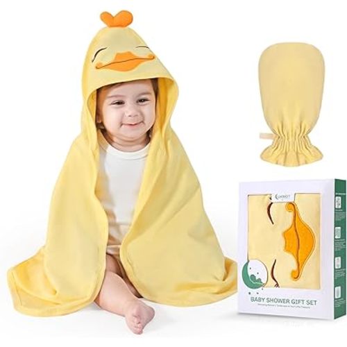 Hooded Baby Towel for Newborn - Viscose Derived from Bamboo, Toddler Bath Towel and Glove Set Perfect Shower Gifts for Boys and Girls, 28"x28" Inch (Duck)