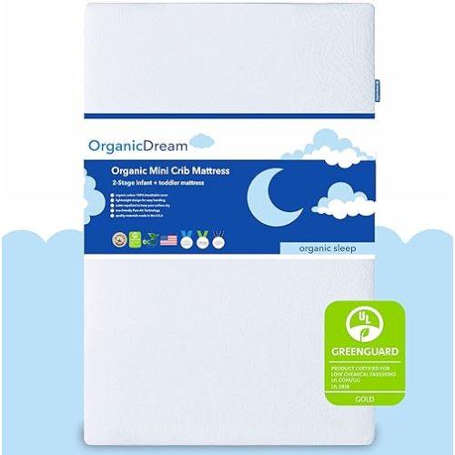 Organic Dream 5" Mini Crib Mattress - 100% Breathable Proven to Reduce Suffocation Risk - GREENGUARD I 2-Stage I Washable I Extra Firm Infant Side and Plush Toddler (38x24x5) - Deluxe 5" Thick