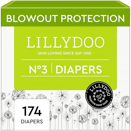 LILLYDOO Baby Diapers - Size 3 (13-22 lbs), Monthly Supply (174 Count), Leak Protection, Skin-Friendly, Ultrasoft, Perfume- & Chlorine-Free, Hypoallergenic, Dermatologist Tested, Oeko-TEX®