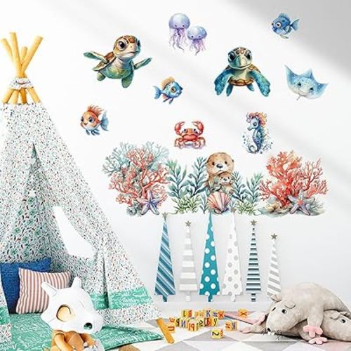 Ocean Turtle Wall Decals Vivid Seaweed Starfish Bubble Vinyl Decor Underwater World Fish Seahorse Sea Crab Jellyfish Wall Stickers for Kids Bedroom, Baby Nursery, Bathroom