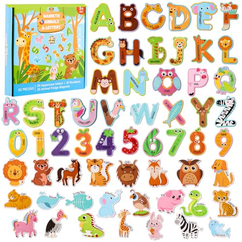 52PCS Fridge Magnets for Kids – 26 Cute Animal Magnets & 26 Magnetic Alphabet Letters, for Toddlers Preschool Fun Educational Learning