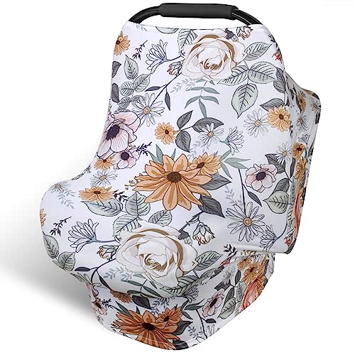 Rquite All-in-1 Car Seat Cover Baby, Carseat Covers for Girl Boy, Stretchy Soft Infant Car Seat Cover, Multi-use Baby Carrier Cover, Car Seat Canopy, Stroller Sun Shade, Nursing Breastfeeding Cover