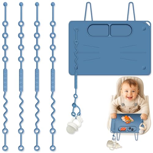 DZDOV Silicone Placemats with 4 Straps: No-Throw Toys or Bottles - Baby 12-24 Months Self-Feeding on High Chair
