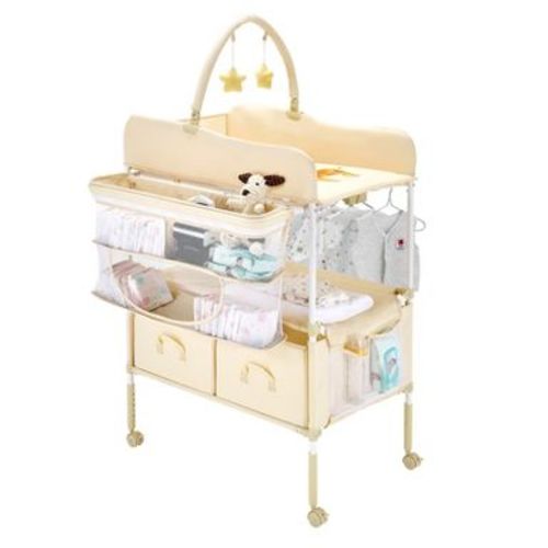VEVOR Baby Changing Table Foldable Diaper Change Station with 2 Fabric Drawers, Side Basket & Hanging Rod, Adjustable Height, Portable Lockable Wheels