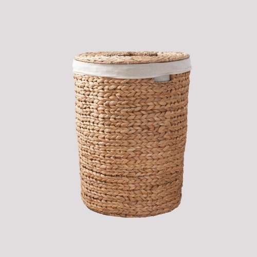 Round Tall Water Hyacinth Woven Wicker Laundry Hamper With Lid - For Clothes, Canvas, Toys and Book Storage With Removable Liner - 15" X 15" X 20" - Natural Brown