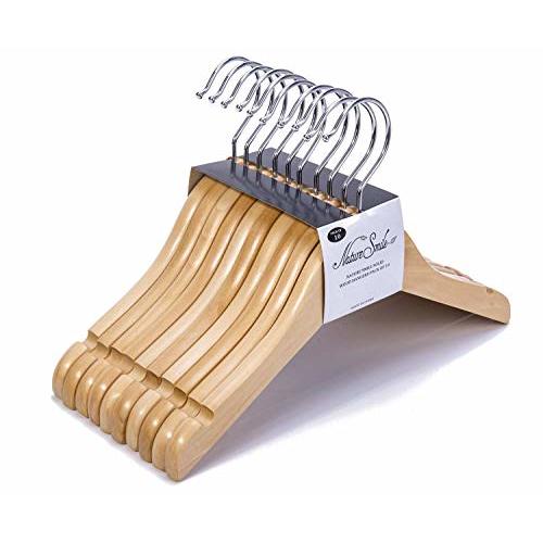 Nature Smile Kids Baby Children Toddler Wooden Shirt Coat Hangers with Notches and Anti-Rust Chrome Hook Pack of 10 (Natural)