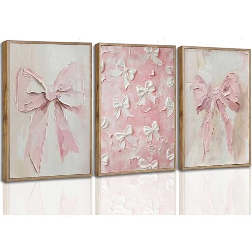 Framed 3D Textured 3Pcs Trendy Pink Bow Canvas Wall Art Vintage Cute Preppy Watercolor Bow Painting Pictures Wall Decor Posters Prints Girly Aesthetic for College Apartment Bedroom Decoration