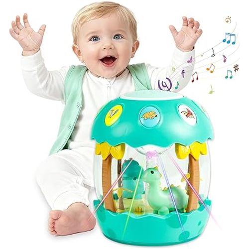 M SANMERSEN Baby Boy Toys 6-12 Months, Dinosaur Rotating Light Up Musical Baby Toys for 0-6 12-18 Months Newborn Infant Crawling Tummy Time Toys, Birthday Christmas Baby Boy Gifts - Green