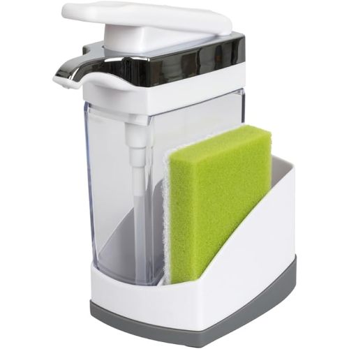 Casabella Sink Sider Solo Soap Pump and Sponge Caddy for Kitchen Sinks, Kitchen Sink Organizer Sponge Caddy and Soap Pump Combo, White