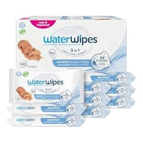 WaterWipes Sensitive+ Newborn & Baby Wipes, 3-In-1 Cleans, Cares, Protects, 99.9% Water, Unscented & Hypoallergenic, 540 Count (9 Packs)