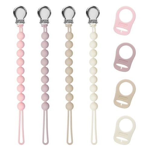 Pacifier Clips for Baby Girl Boy, Silicone Binky Holder with Adapter Ring for MAM Pacifiers, Baby Newborn Essentials Shower Birthday Gift (4-Pack)