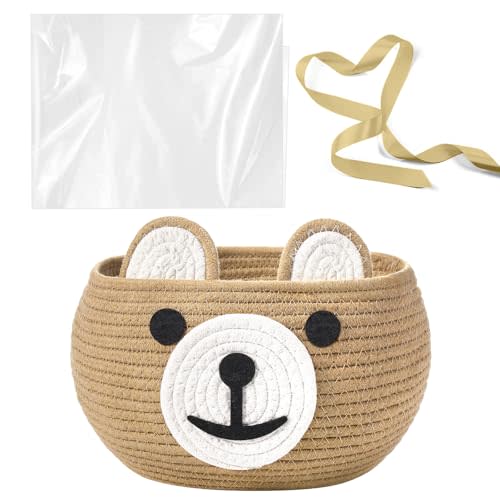 Zopeal Baby Basket for Nursery with Gift Bags and Ribbons Cotton Rope Woven Bear Gift Basket with Handles for Living Room Bathroom Storage Organizing Decoration, 10.5" D x 8.5" H(Khaki)