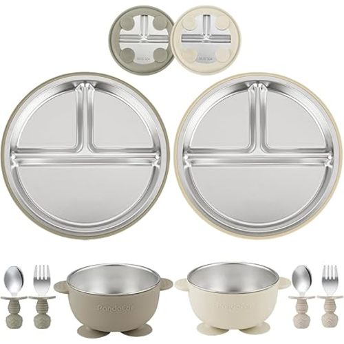 PandaEar 8PCS Baby Feeding Set | Stainless Steel Suction Plates and Bowls with Silicone Fork and Spoon Utensils | Baby Led Weaning Tableware for Toddlers & Kids (Tan & Walnut)