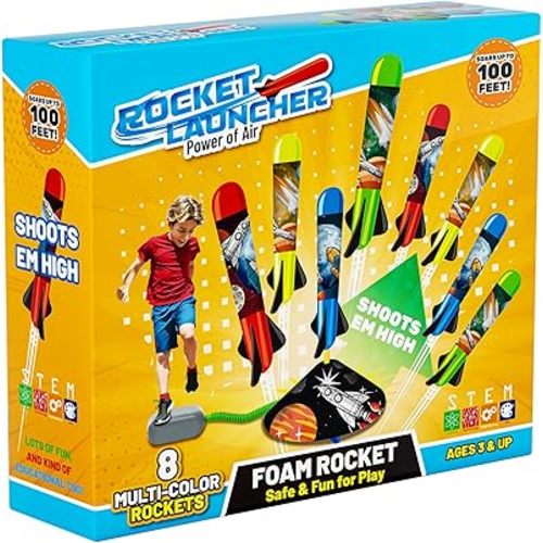 Toys Rocket Launcher for Kids - Launch up to 100 Ft, 8 Multi-Color Foam Rockets & Adjustable Launch Stand, Kids Outdoor Toys, Birthday Toys for Kids Boys Girls Age 3+ Years Old