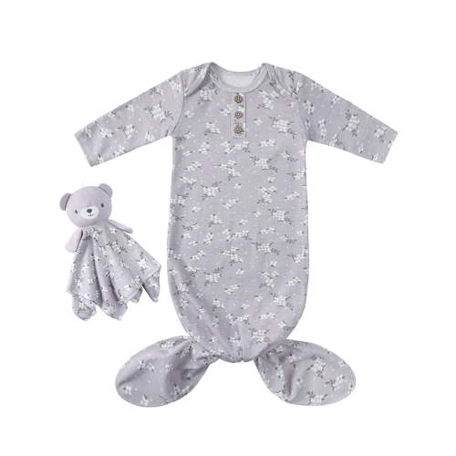 ATAIKU Newborn Baby Knotted Sleep Gown Infant Cotton Long Sleeve Sleeper with Bear Security Blanket Snuggle Toy