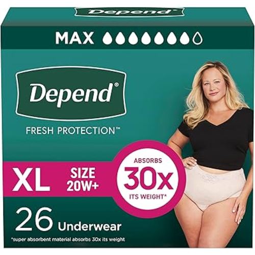 Depend Fresh Protection Adult Diapers, Incontinence & Postpartum Bladder Leak Underwear for Women, Disposable, Maximum, Extra-Large, Blush, 26 Count, Packaging May Vary