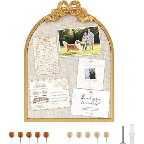 Vintage Arched Linen Cork Board with Gold Bow – 16"x21" Decorative Bulletin Board for Walls, Metal Frame Pin Board for Notes, Photos & Reminders, Elegant Vision Board for Home & Office
