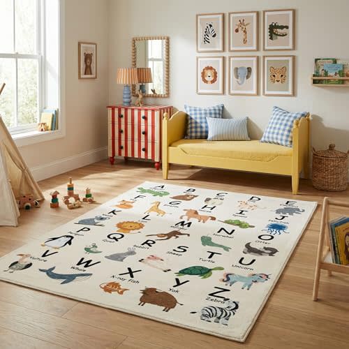 RUG BRANCH Soft Steps Playtime 5' x 8' (Exact Size: 5'3" x 7'7") Non-Toxic, Child and Pet Safe, Alphabet Animals - Soft Area Rug, White Beige - Boys & Girls in Playroom, Nursery, Bedroom