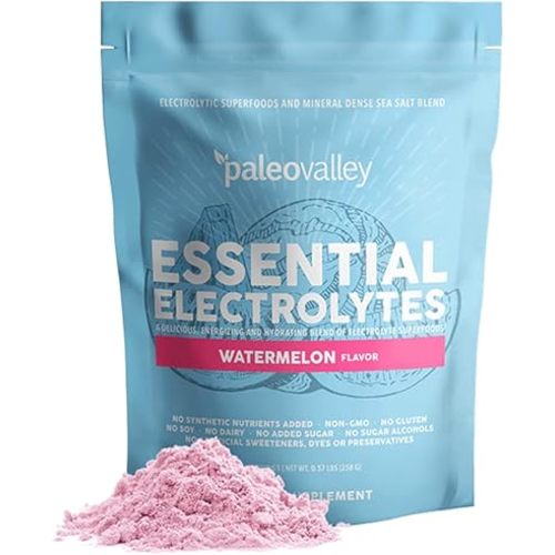 Paleovalley Essential Electrolytes Powder - Full Spectrum Watermelon Electrolyte Powder for Hydration, Energy and Muscle Recovery - No Sugar Added - 30 Servings