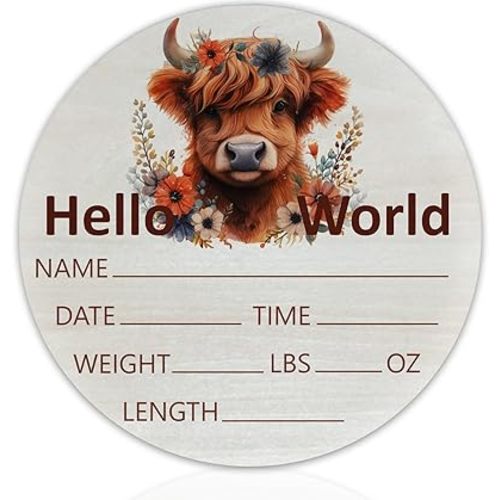 Hello World Birth Announcement 6" Round Birch Wood Newborn Sign for Nursery Hospital & Baby Shower, Personalized Baby Name Plaque, Keepsake Décor Gift for New Parents (Red Highland Cow)