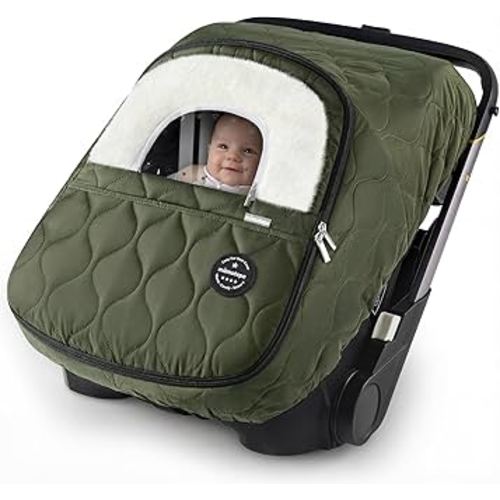 Winter Baby Car Seat Cover, Waterproof, Windproof Warm Winter Car Seat Cover for Doona Car Seats and Strollers,Fleece Breathable Car Seat Cover Baby with Full Zipper, Green