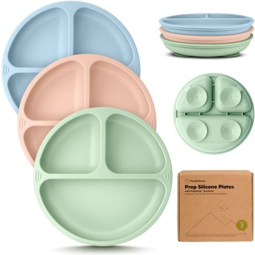 3-Pack Prep Suction Plates for Baby, 100% Silicone Toddler Plates, BPA-Free Divided Baby Plates with Suction (Mellow)