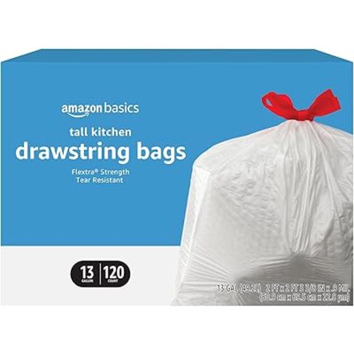 Amazon Basics Flextra Tall Kitchen Drawstring Trash Bags, 13 Gallon, 120 Count