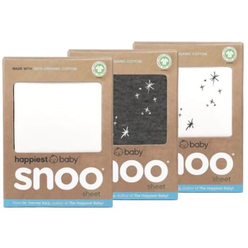 Happiest Baby SNOO Bassinet Fitted Sheet - 100% Organic Cotton Nursery Bedding - Fits SNOO Sleeper Crib Mattress - 3-Pack Bundle (White, Charcoal, Ivory Stars)