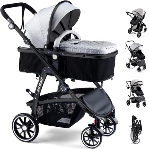Baby Stroller, 2-in-1 Reversible ToddlerSeat with Lie-Flat Mode, Foldable Infant Stroller with Canopy, One Button Brake, Adjustable Handle, Newborn Pushchair (Gray B)
