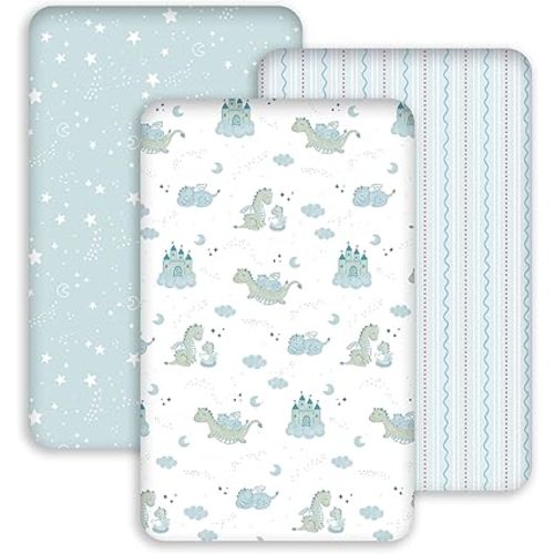 Baby Bassinet Sheets 33x20 for Baby Delight, Newton,Airclub,Maxi Cosi,Angelbliss,Dream on Me,Mika,Harppa,Amke,ezebaby Rectangle Bassinet Mattress - Blue Dinosaur 3 Pack Boy