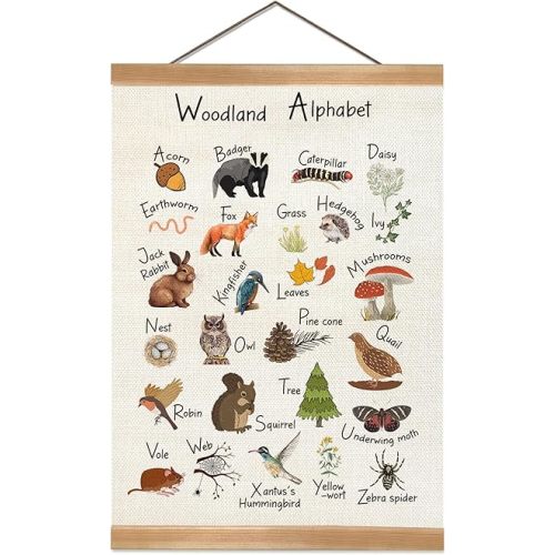 Alphabet Poster Wall Hanger Frame, Funny Animal Education Wall Art Posters, Kids ABC Hanging Wall Decor, Alphabet Banner Decor for Toddler Room Playroom Nursery Classroom Wall Decoration (Woodland Alphabet)