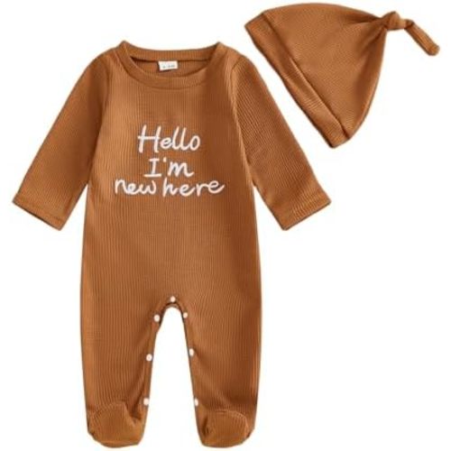 Honganda Newborn Baby Boy Coming Home Outfit Long Sleeve Waffle Hello I'm New Here Footies with Hat Fall Footed Jumpsuit